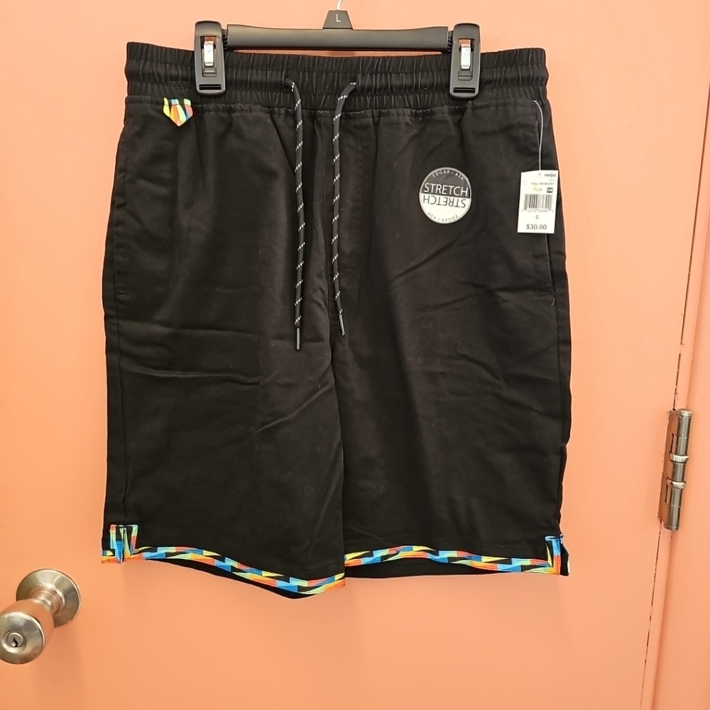 NWT Edgar + Ash Mens Size Small Black Pull On Cotton Twill Shorts Colorful Trim